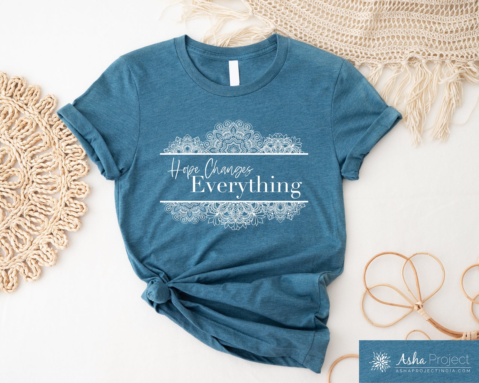 Heather Teal T-shirt that says Hope Changes Everything in white with three mandalas.  