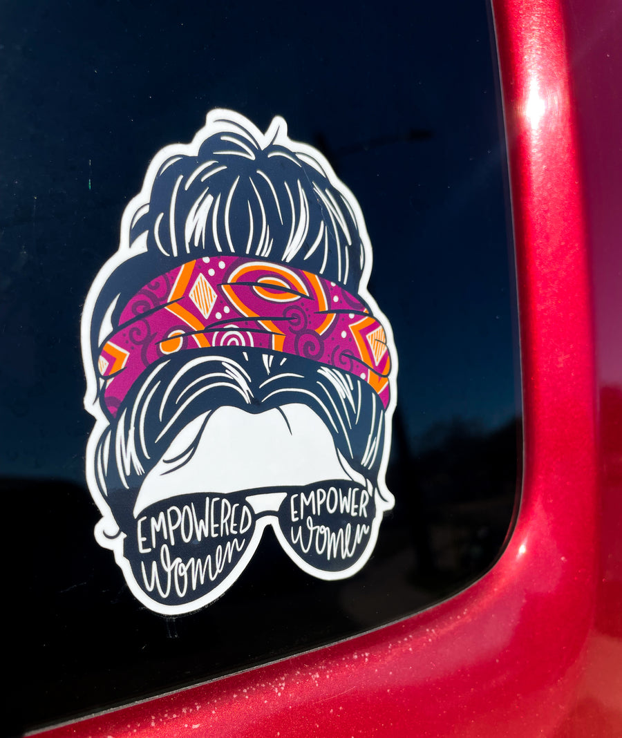 Vinyl sticker with a bold, eye-catching design, messy bun, Empowerment, Women, perfect for personalizing laptops, water bottles, or home decor.