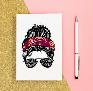 Vinyl sticker with a bold, eye-catching design, messy bun, Empowerment, Women, perfect for personalizing laptops, water bottles, or home decor.