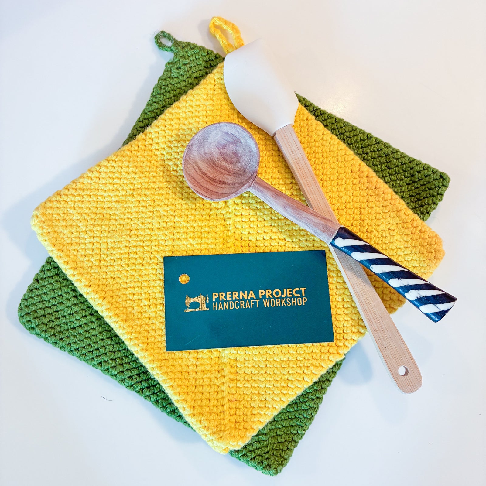 Fair trade crocheted trivet made with thick cotton yarn, ideal for cooking, baking, and everyday kitchen tasks.