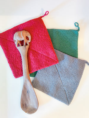 Fair trade crocheted trivet made with thick cotton yarn, ideal for cooking, baking, and everyday kitchen tasks.