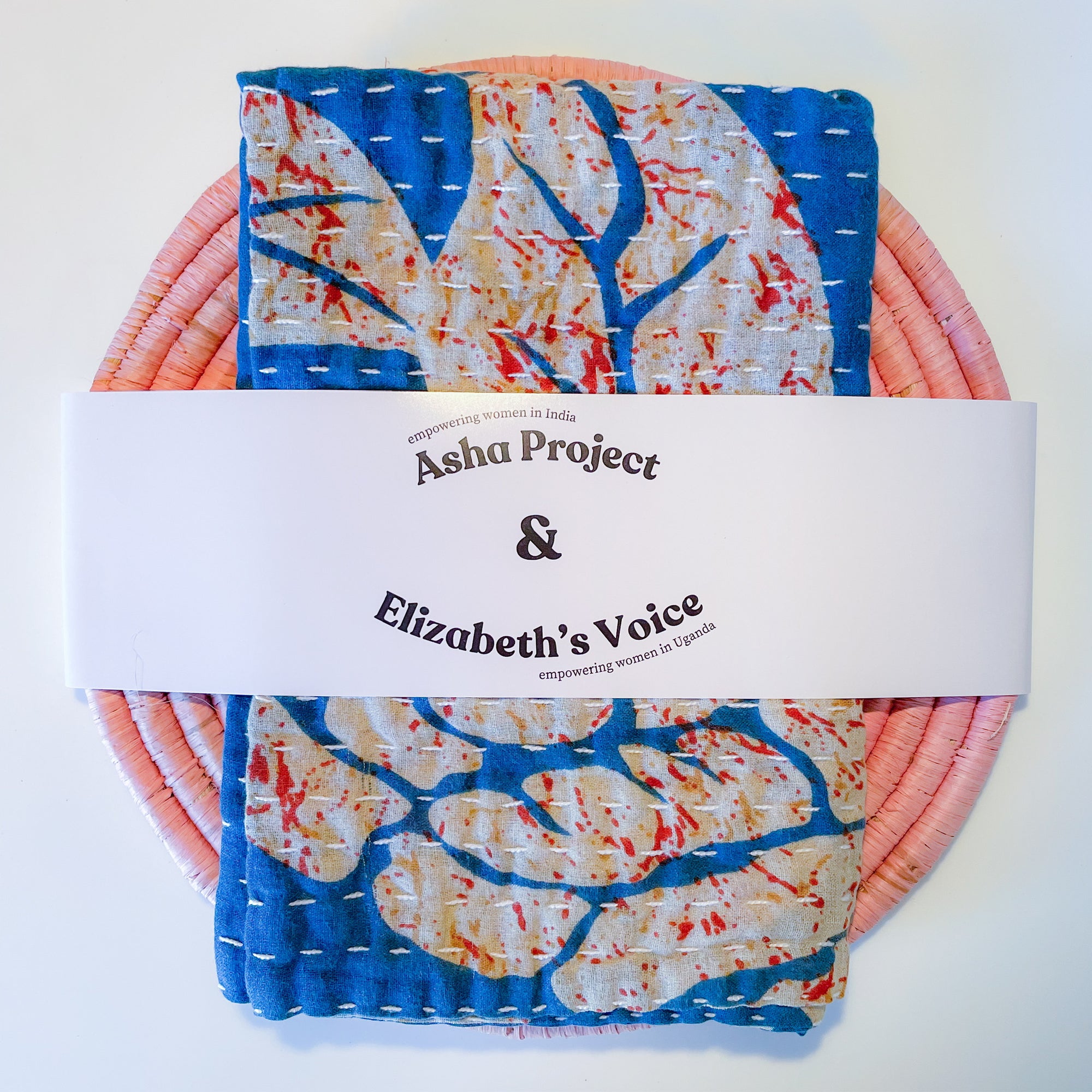 Kantha Kitchen Towel +  Light Pink Grass Trivet Gift Set