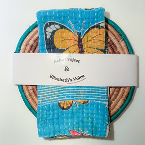 Kantha Kitchen Towel + Teal Banana Leaf Trivet Gift Set