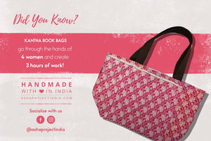 Handmade Kantha book bag with vibrant, stitched patterns, offering a stylish and functional way to carry your books and essentials.