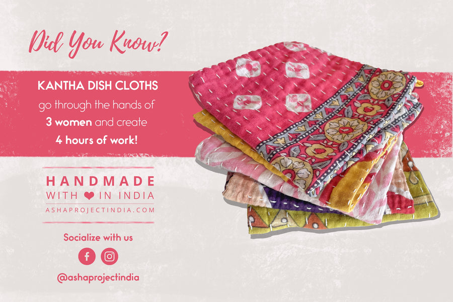 Kantha dish cloths made from hand-stitched, colorful fabric, perfect for eco-friendly cleaning and adding a vibrant touch to your kitchen.