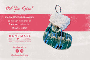 Hand-stitched Kantha stocking, hat, and mitten ornaments with a wool cuff. Available in bold colors, ideal for hanging on Christmas trees.