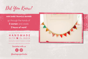 Handcrafted from recycled saree fabric, this colorful mini pennant banner adds vibrant boho decor to any space. Perfect for celebrations, parties, or brightening up everyday rooms. Eco-friendly, unique, and handmade with love.
