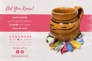 Set of 4 round coasters made from colorful saree scraps, hand-tied to create a vibrant and eco-friendly addition to your home décor.