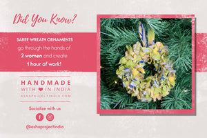 Saree Wreath Ornament 
Alt Text

Small saree wreath ornament made from colorful hand tied saree fabric scraps, perfect for adding a vibrant and eco-friendly touch to holiday or home decor.