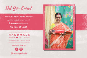 Vintage Kantha bread basket, handcrafted from eco-friendly fabric with vibrant, colorful stitching. The intricate Kantha embroidery features a mix of bold patterns and rich hues, making this basket both a functional and decorative piece. Perfect for serving bread, rolls, or storing small items, it adds a touch of rustic charm and handmade elegance to any kitchen or dining room