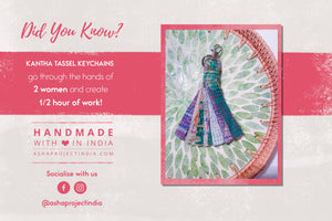 Vintage Kantha keychain featuring colorful, hand-stitched patterns and a unique, rustic design, perfect for adding a touch of handmade charm to your keys or bag