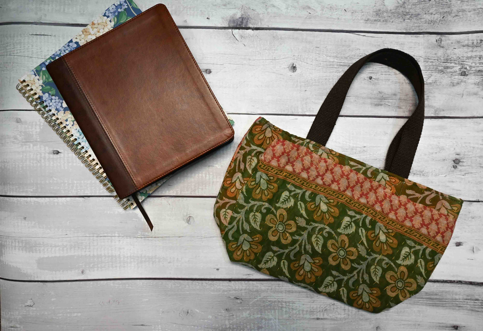 Handmade Kantha Bible bag with vibrant, stitched patterns, providing a beautiful and durable way to carry and protect your Bible, journal, and all your study needs.