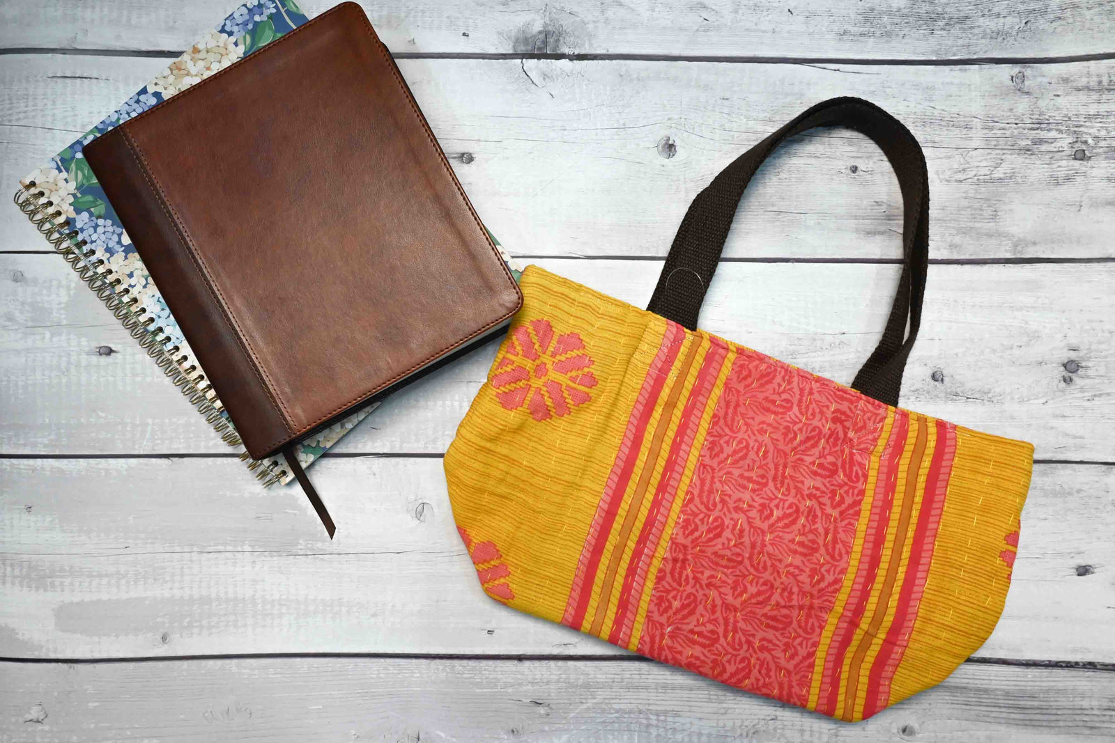 Handmade Kantha Bible bag with vibrant, stitched patterns, providing a beautiful and durable way to carry and protect your Bible, journal, and all your study needs.