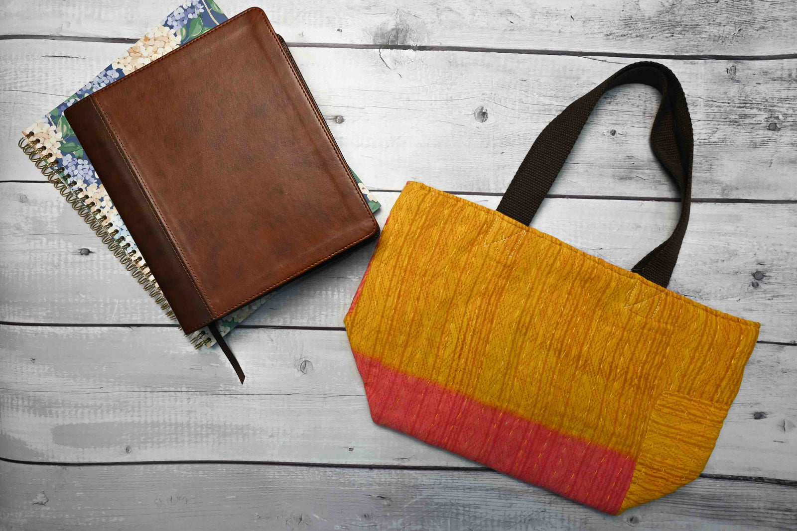 Handmade Kantha Bible bag with vibrant, stitched patterns, providing a beautiful and durable way to carry and protect your Bible, journal, and all your study needs.