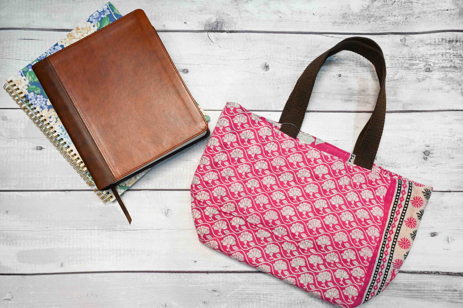 Handmade Kantha Bible bag with vibrant, stitched patterns, providing a beautiful and durable way to carry and protect your Bible, journal, and all your study needs.