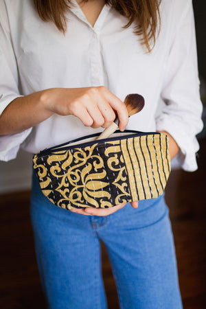 Handmade medium Kantha cosmetic bag with vibrant saree patterns, perfect for fitting all your to-go items in one stylish, spacious bag for travel or daily use.