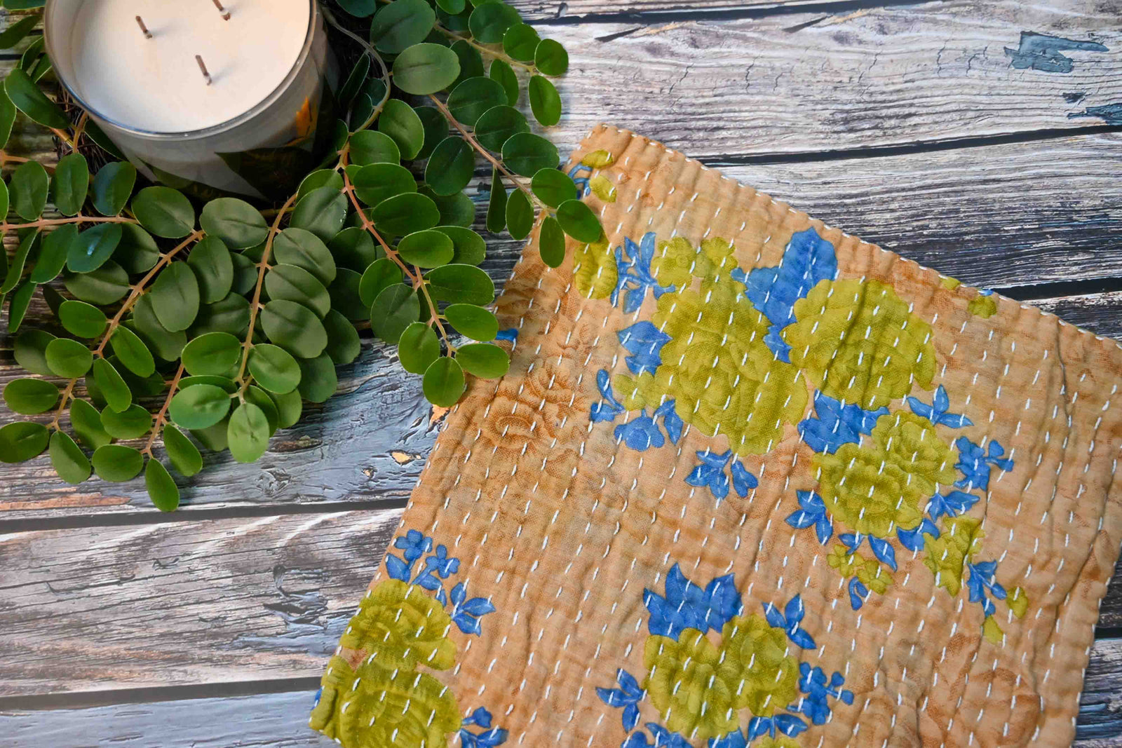 Handmade Kantha Dish cloth With Yellow Roses and blue petals