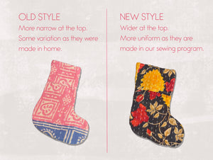 Handmade mini Kantha stocking with vibrant saree patterns, perfect for your little one, pet, or gifting small items, adding a unique touch to holiday decor