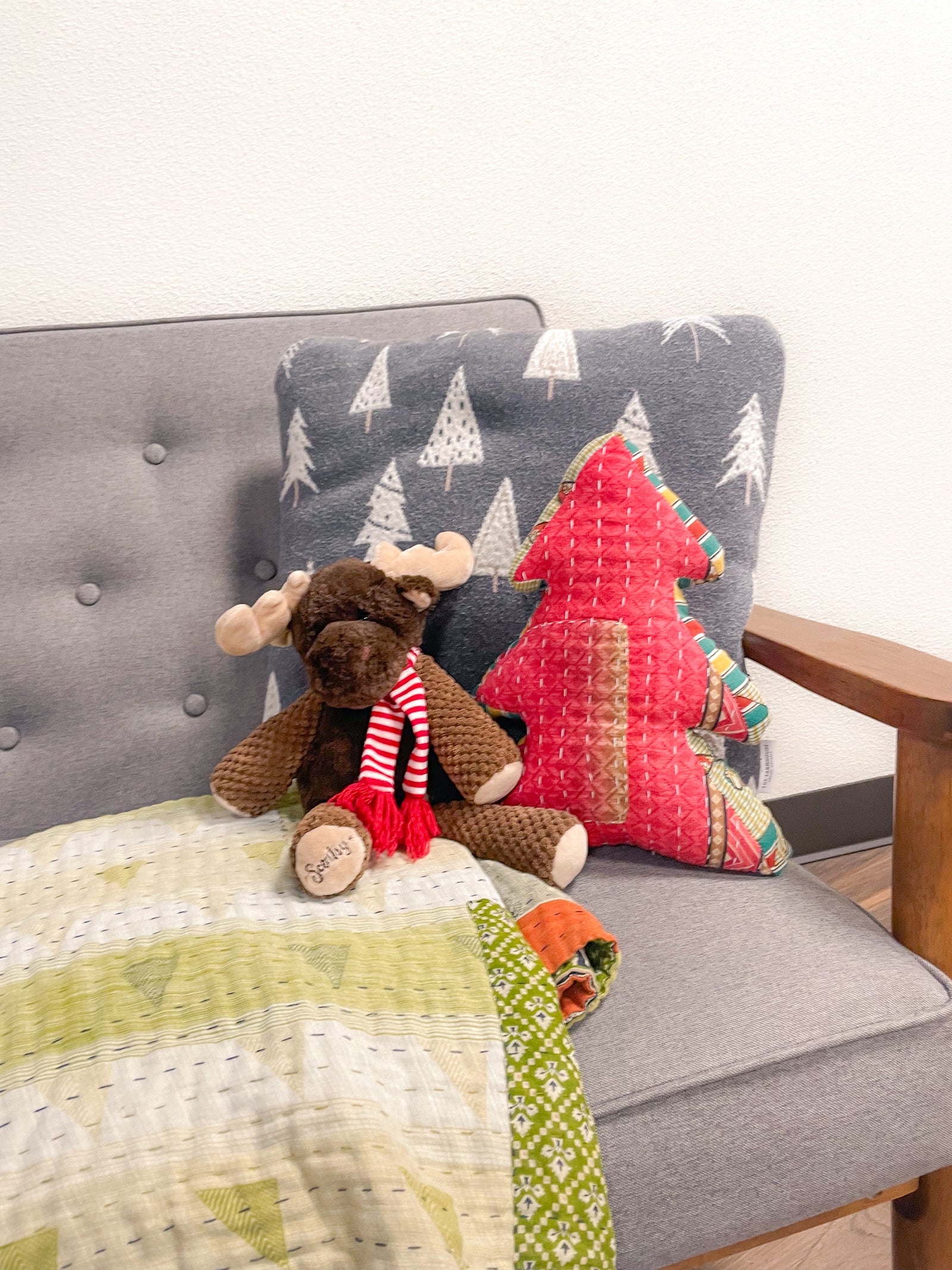 Kantha tree pillow, handmade holiday pillow with festive tree design, red, green, and gold saree patterns. Perfect for Christmas decor, this eco-friendly throw pillow adds a cozy touch to your living room or bedroom. Versatile enough for year-round use, this decorative pillow is ideal for adding holiday cheer and charm to your home decor.