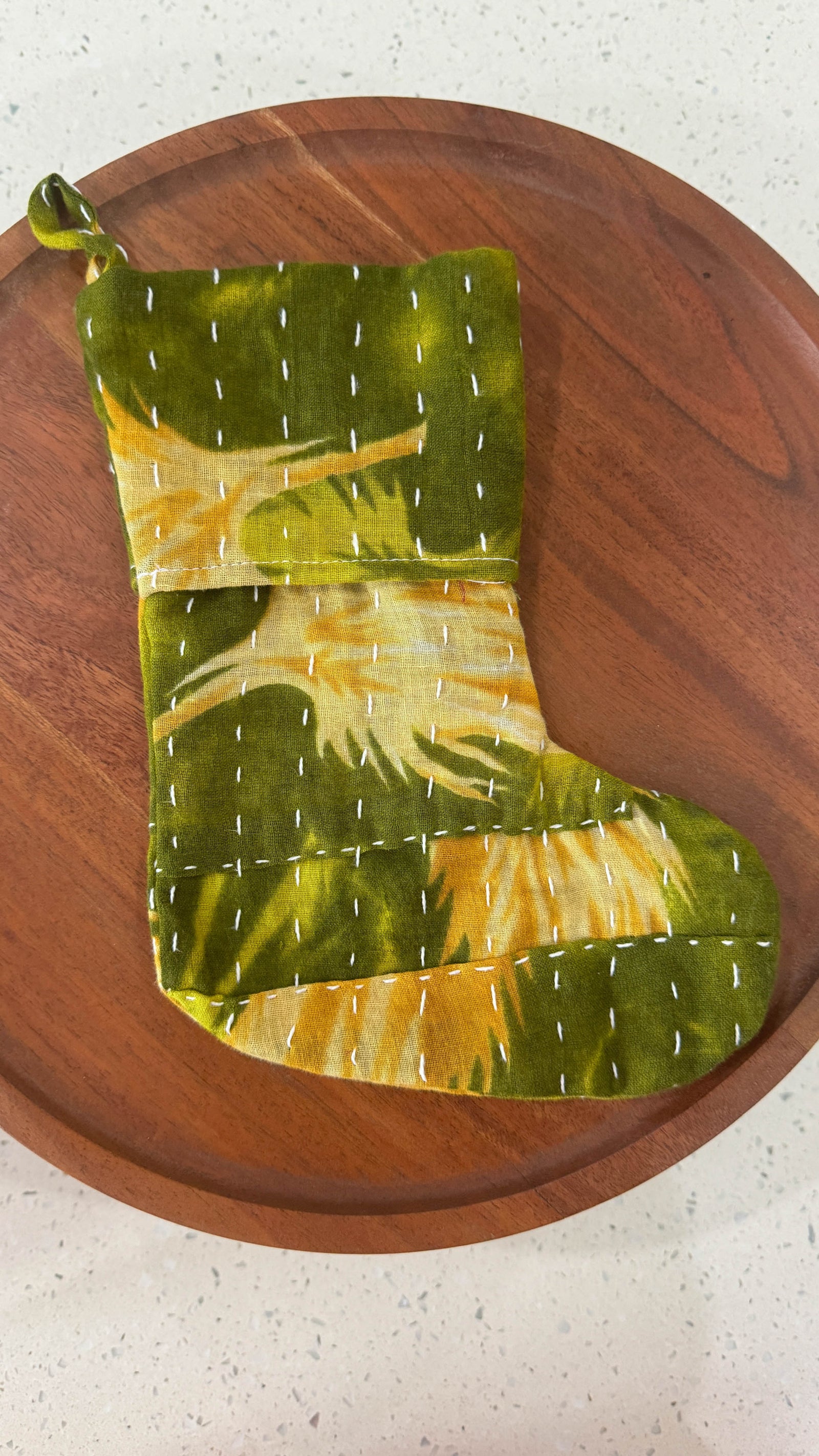 Handmade mini Kantha stocking with vibrant saree patterns, perfect for your little one, pet, or gifting small items, adding a unique touch to holiday decor