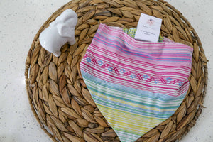 Saree pet bandana made from vibrant, hand-stitched recycled saree fabric, offering a colorful and unique accessory for your pet.