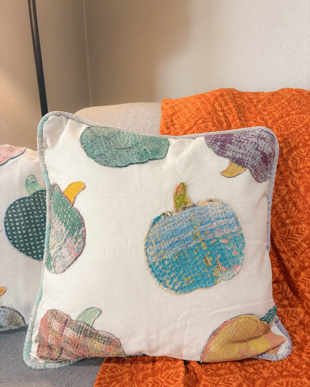 Vintage Kantha Pillow | 18x18 | Pumpkins