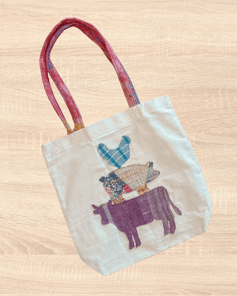 Vintage Kantha Tote | Farm Animals