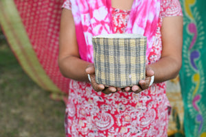 Vintage Kantha Basket featuring intricate, colorful stitching on bright saree patterns, perfect for holding essentials, plants, organizing your desk, or adding a touch of charm to any space.