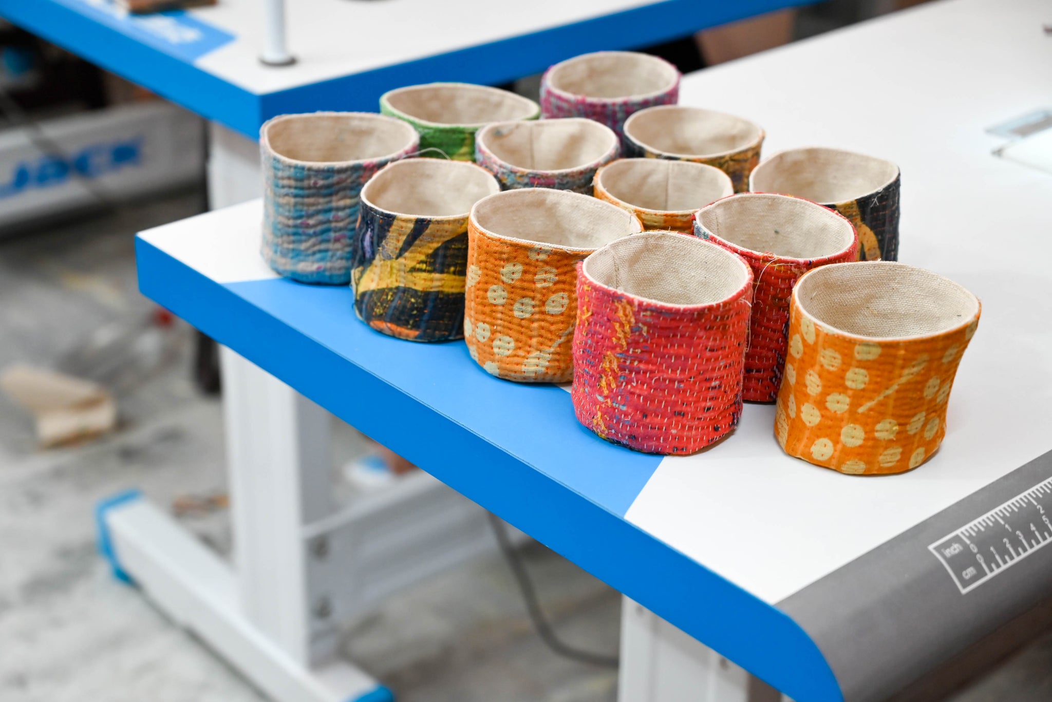 Vintage Kantha Basket featuring intricate, colorful stitching on bright saree patterns, perfect for holding essentials, plants, organizing your desk, or adding a touch of charm to any space.