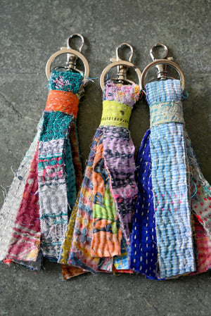 Vintage Kantha keychain featuring colorful, hand-stitched patterns and a unique, rustic design, perfect for adding a touch of handmade charm to your keys or bag