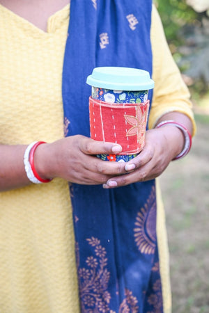 Kantha Coffee Cozy - Asha Project Kantha - Saree - Handmade