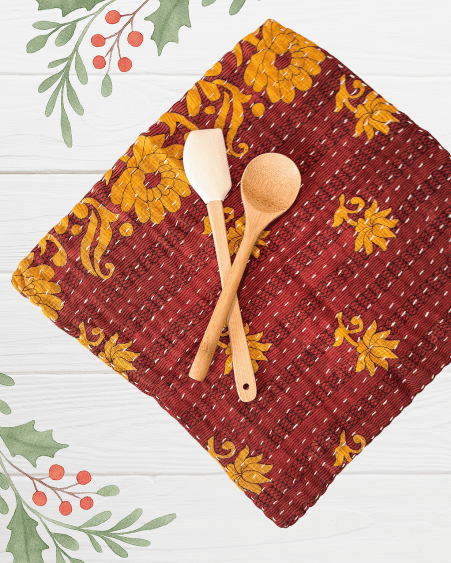 Kantha Dish Cloth | Christmas - Asha Project Kantha - Saree - Handmade