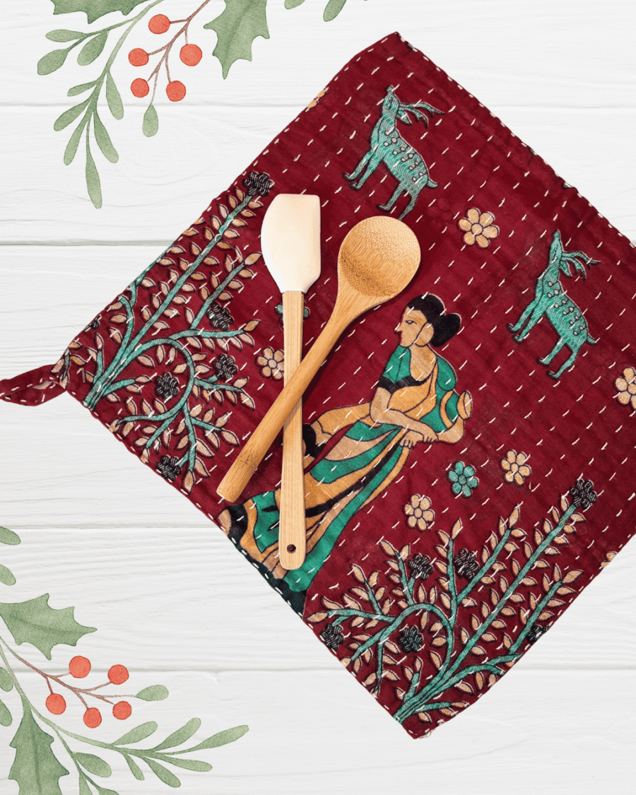 Kantha Dish Cloth | Christmas - Asha Project Kantha - Saree - Handmade
