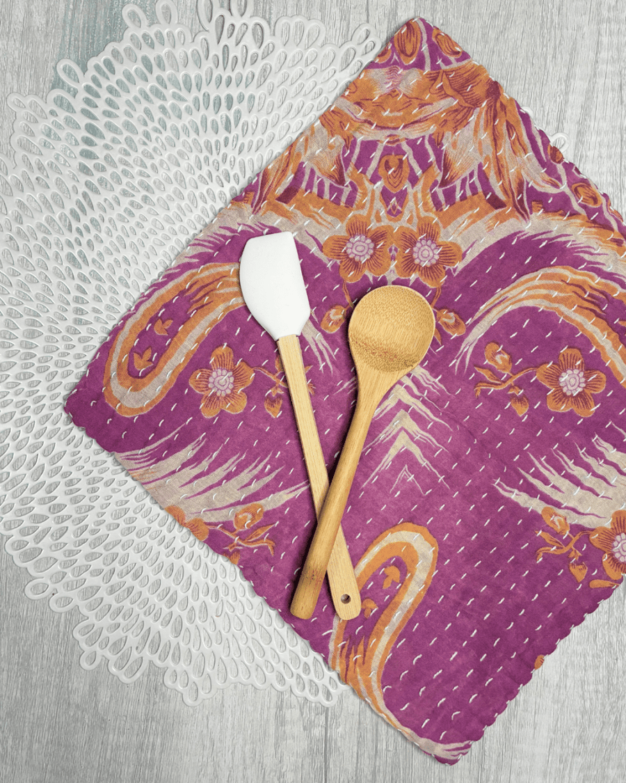 Kantha Dish Cloth | Valentine's Day - Asha Project Kantha - Saree - Handmade