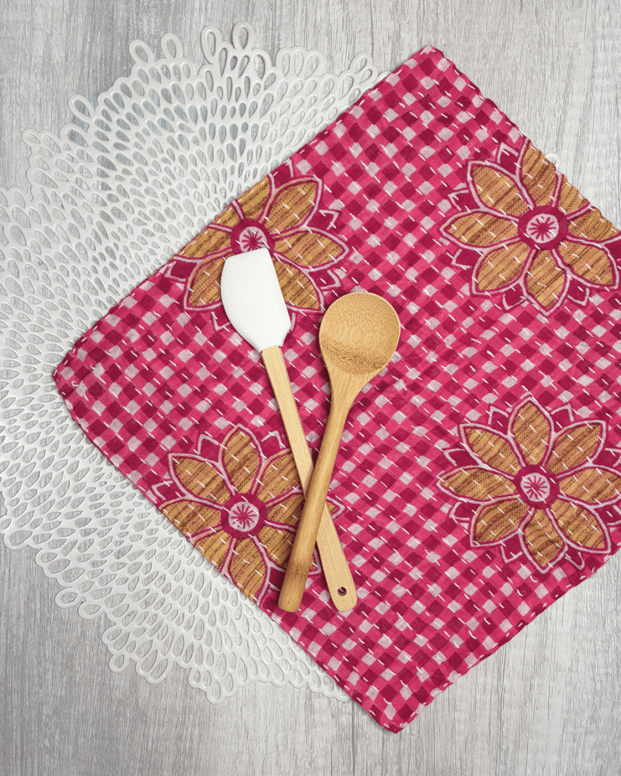 Kantha Dish Cloth | Valentine's Day - Asha Project Kantha - Saree - Handmade