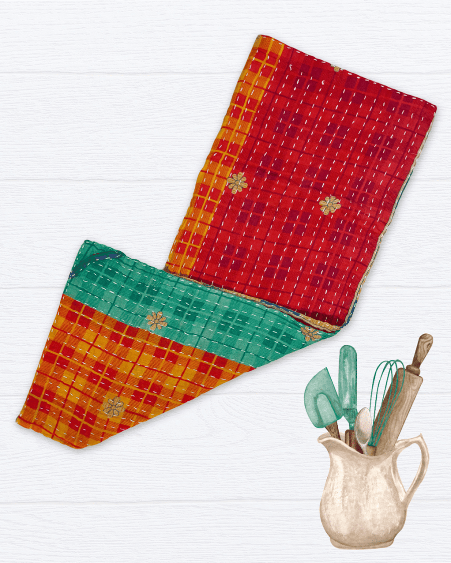 Kantha Kitchen Towel - Asha Project Kantha - Saree - Handmade