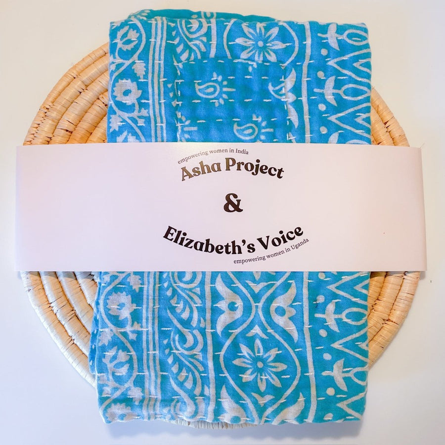 Kantha Kitchen Towel + Cream Grass Trivet Gift Set - Asha Project Kantha - Saree - Handmade