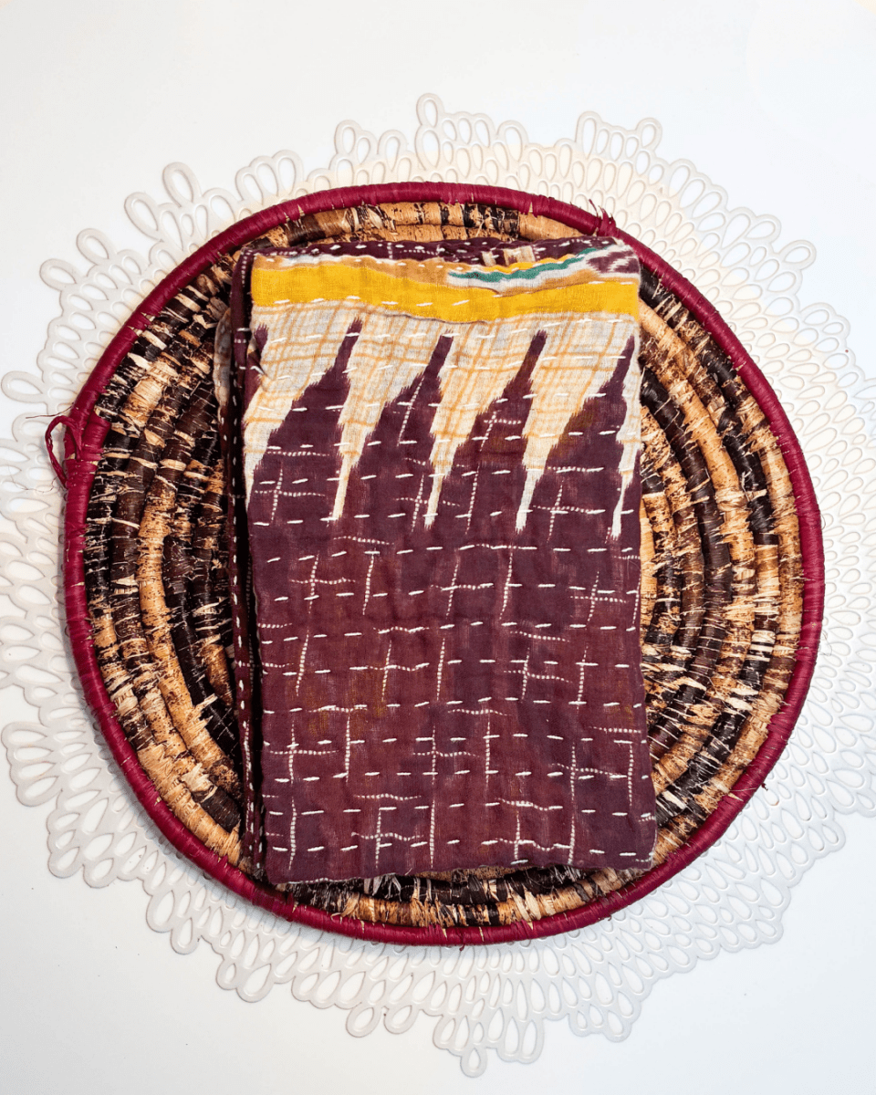 Kantha Kitchen Towel + Maroon Banana Leaf Trivet Gift Set - Asha Project Kantha - Saree - Handmade