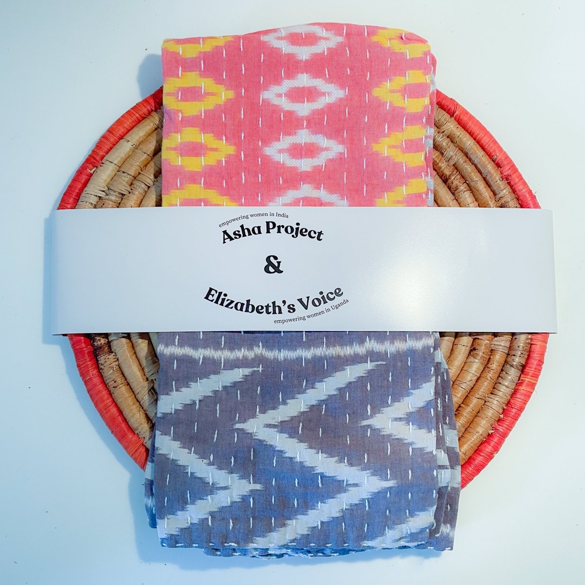 Kantha Kitchen Towel + Orange Banana Leaf Trivet Gift Set - Asha Project Kantha - Saree - Handmade