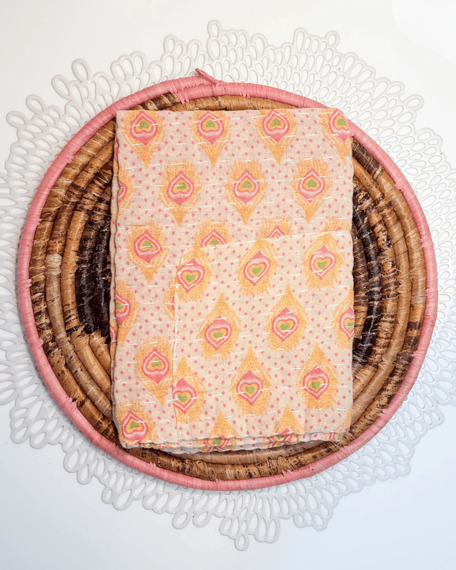 Kantha Kitchen Towel + Pink Banana Leaf Trivet Gift Set - Asha Project Kantha - Saree - Handmade
