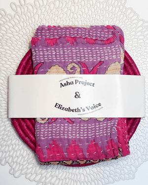 Kantha Kitchen Towel + Pink Grass Trivet Gift Set - Asha Project Kantha - Saree - Handmade