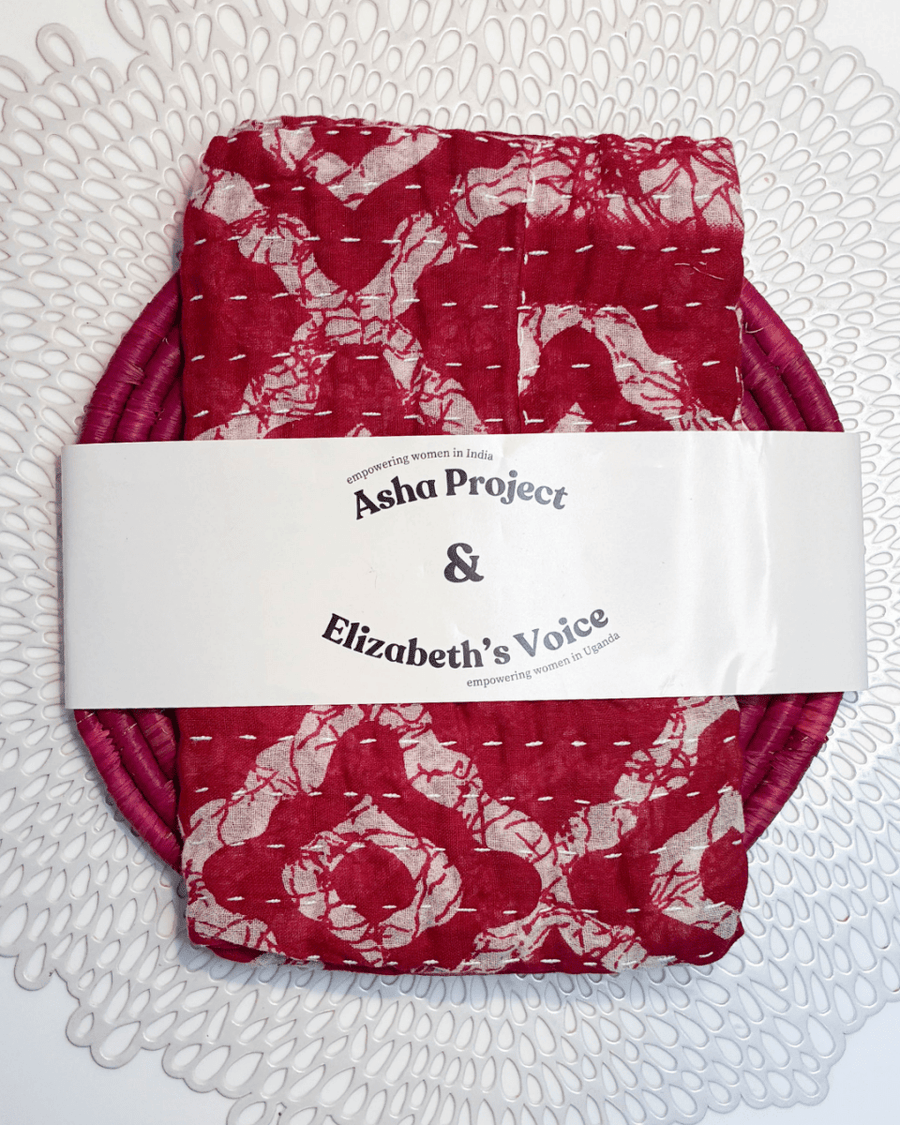 Kantha Kitchen Towel + Pink Grass Trivet Gift Set - Asha Project Kantha - Saree - Handmade