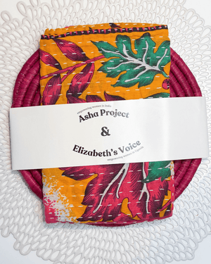 Kantha Kitchen Towel + Pink Grass Trivet Gift Set - Asha Project Kantha - Saree - Handmade
