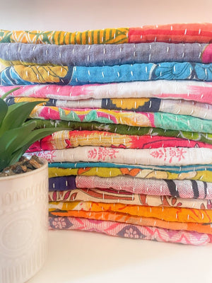 Kantha Kitchen Towel + Pink Grass Trivet Gift Set - Asha Project Kantha - Saree - Handmade