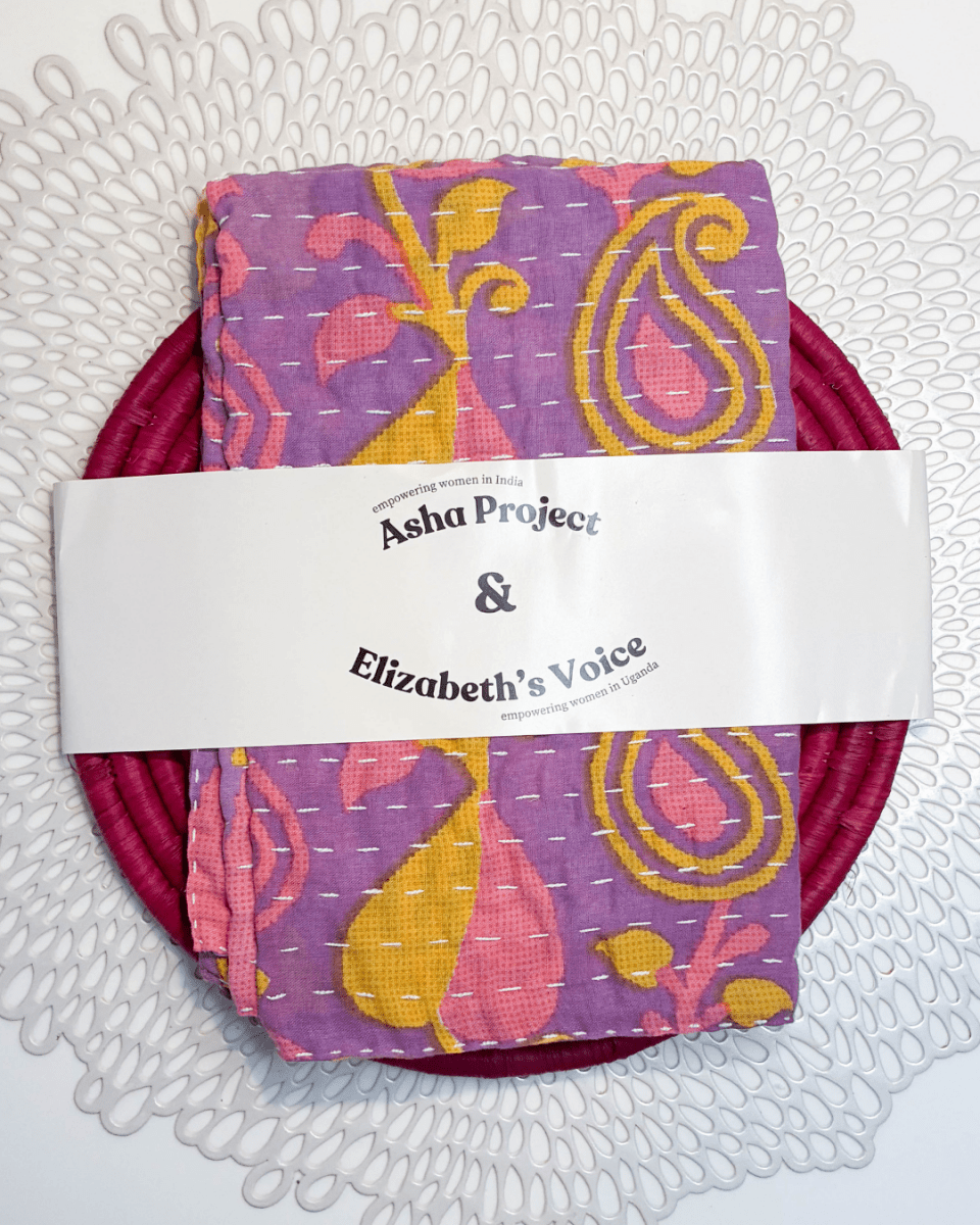 Kantha Kitchen Towel + Pink Grass Trivet Gift Set - Asha Project Kantha - Saree - Handmade