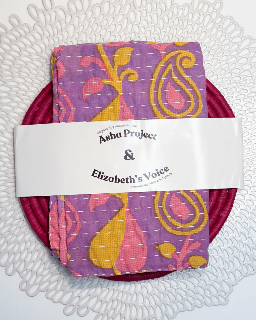 Kantha Kitchen Towel + Pink Grass Trivet Gift Set - Asha Project Kantha - Saree - Handmade