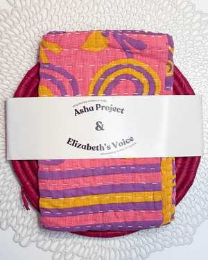 Kantha Kitchen Towel + Pink Grass Trivet Gift Set - Asha Project Kantha - Saree - Handmade