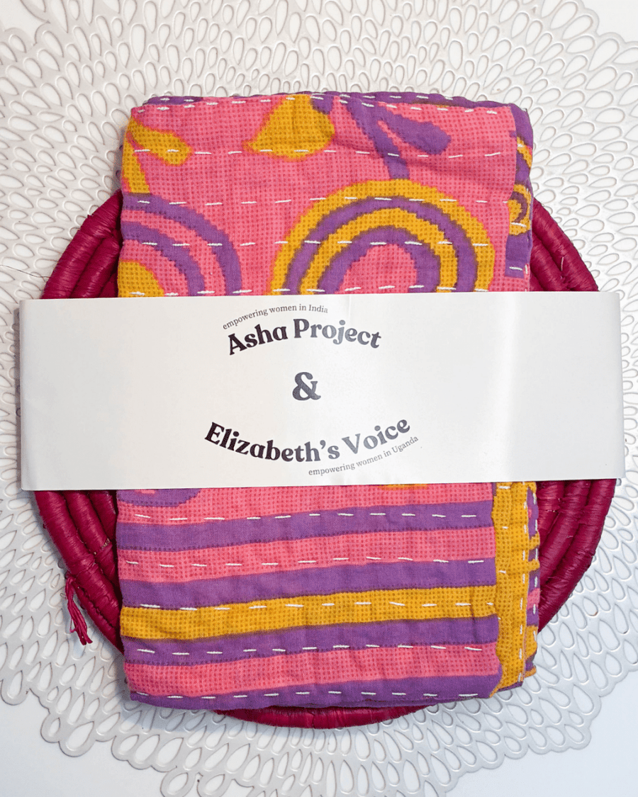 Kantha Kitchen Towel + Pink Grass Trivet Gift Set - Asha Project Kantha - Saree - Handmade