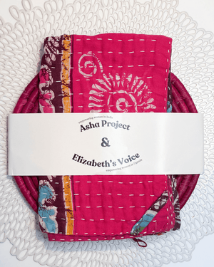 Kantha Kitchen Towel + Pink Grass Trivet Gift Set - Asha Project Kantha - Saree - Handmade