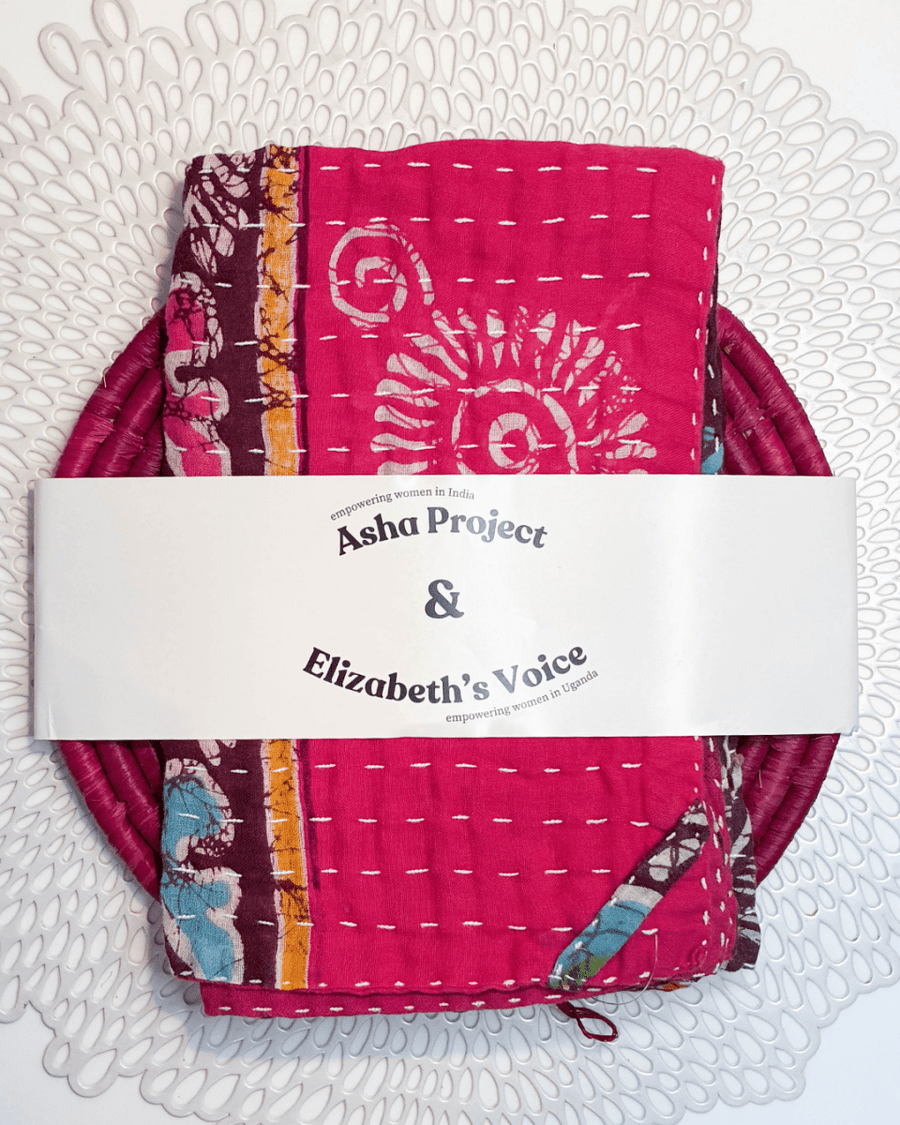Kantha Kitchen Towel + Pink Grass Trivet Gift Set - Asha Project Kantha - Saree - Handmade
